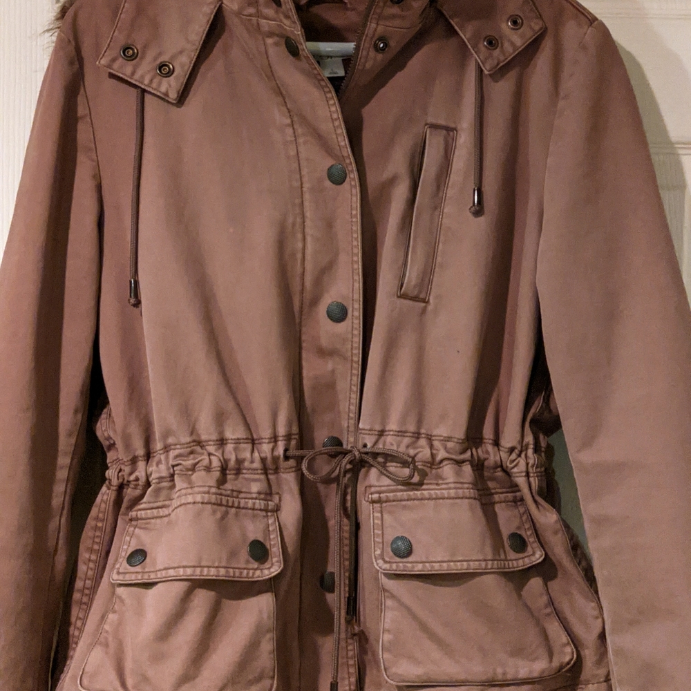 Woman's Ann Taylor Loft Tan Cotton Canvas Hooded Coat Exc. Cond Lg 12-14 Nice!